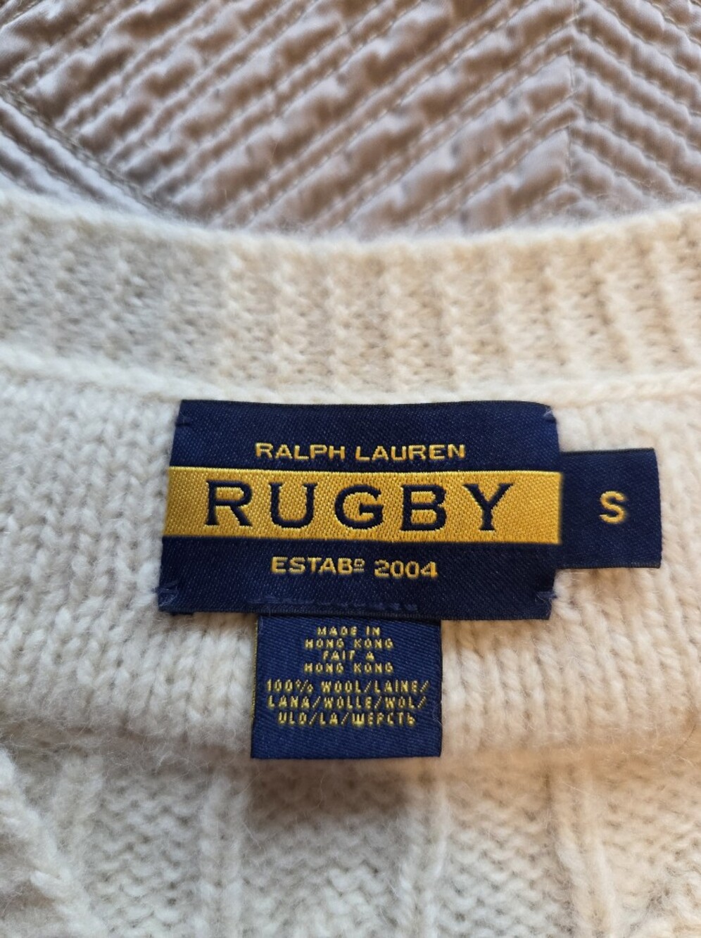 Vintage Ralph Lauren Cream Cable-Knit V-Neck Sweater with Navy & Red Trim - Picture 3 of 7